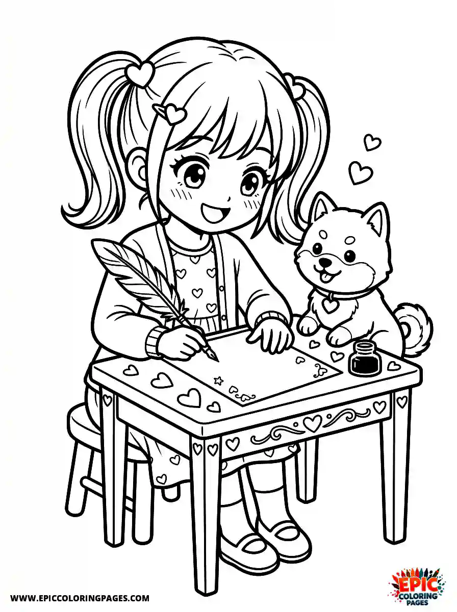 Girl with Dog Beautiful girl with dog manga style writing a love letter valentines holding a feather pen