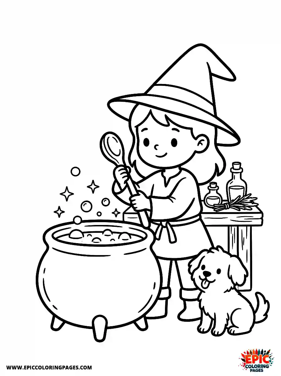 Girl with Dog Beautiful girl with dog mixing a magical potion holding a large wooden spoon