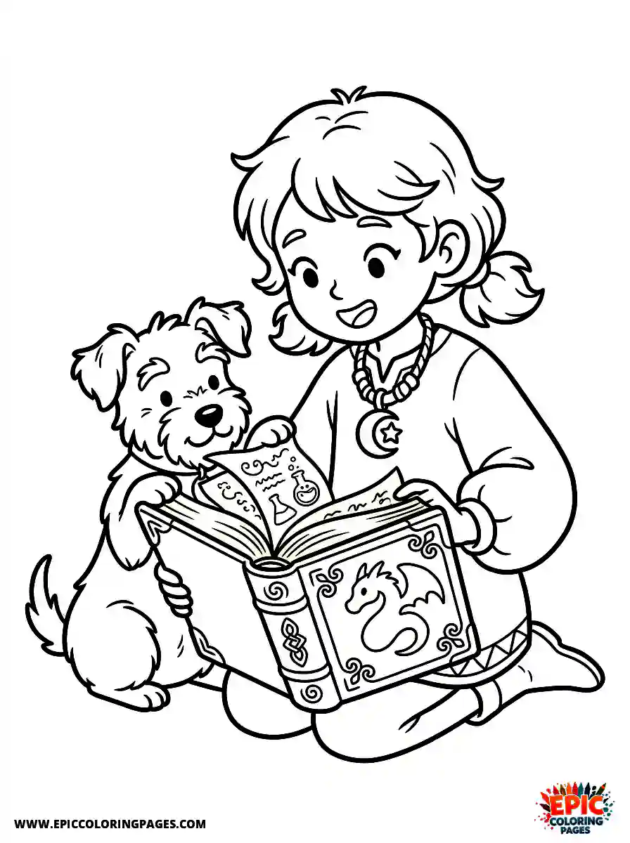 Girl with Dog Beautiful girl with dog opening an ancient spellbook wearing a talisman necklace