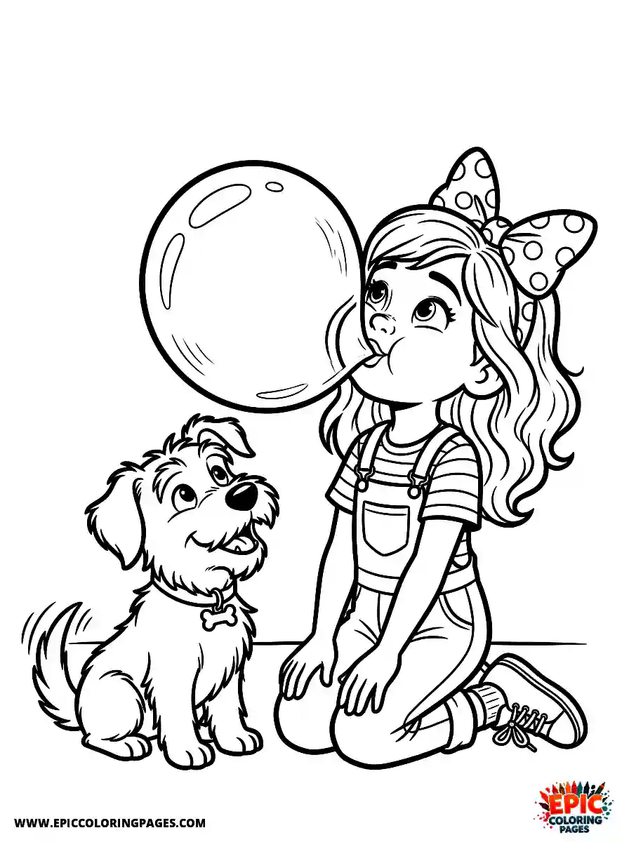 Girl with Dog Beautiful girl with dog pixar style blowing a huge chewing gum bubble wearing a polka dot bow