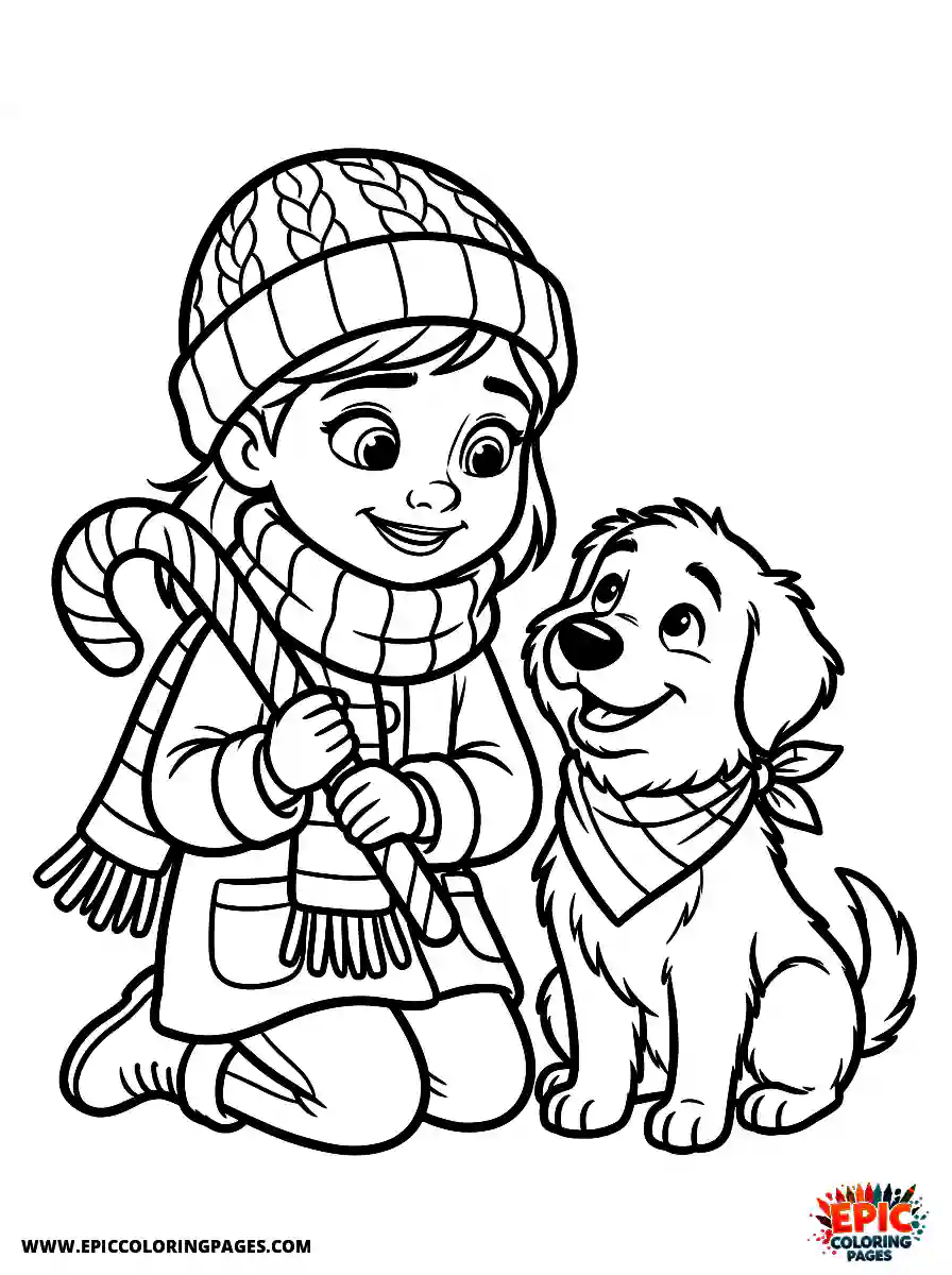 Girl with Dog Beautiful girl with dog pixar style holding a striped candy cane wearing a winter scarf