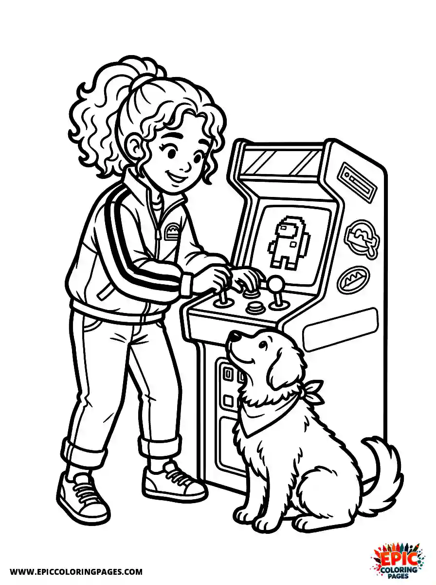 Girl with Dog Beautiful girl with dog playing a mini arcade machine wearing a retro jacket