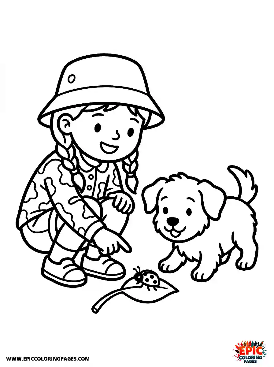 Girl with Dog Beautiful girl with dog pointing at a crawling ladybug wearing a bucket hat