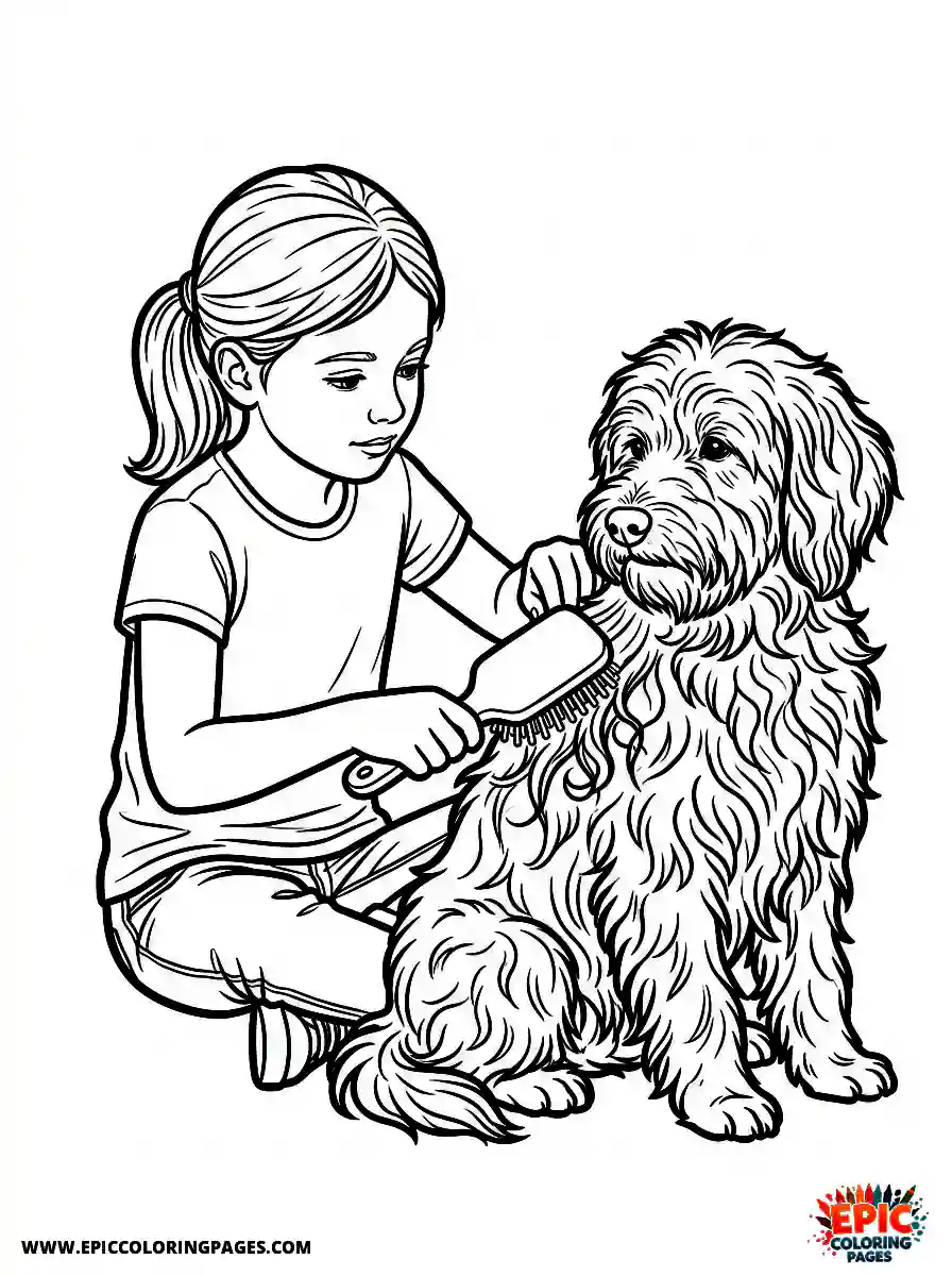 Girl with Dog Beautiful girl with dog realistic brushing long tangled hair holding a sturdy hairbrush