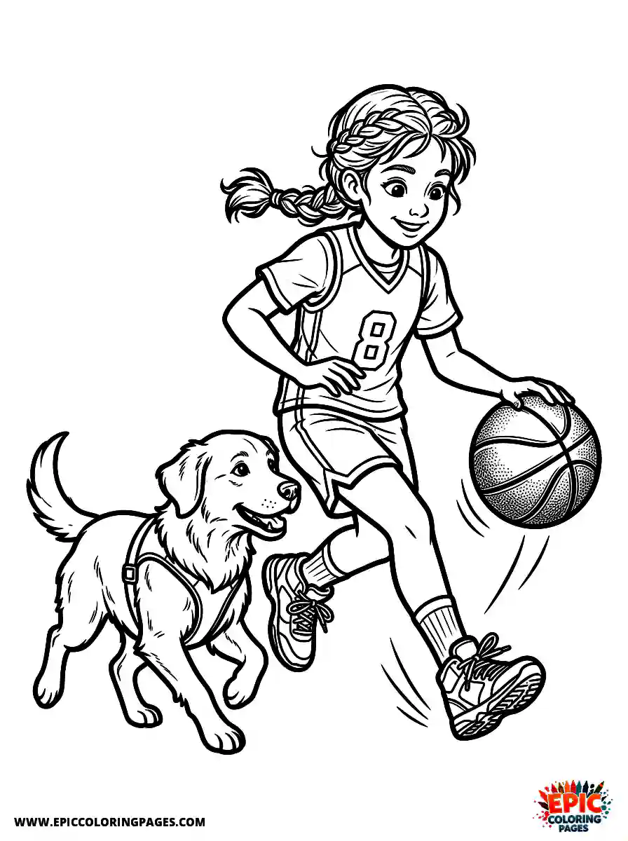 Girl with Dog Beautiful girl with dog realistic dribbling a leather basketball wearing professional athletic shoes