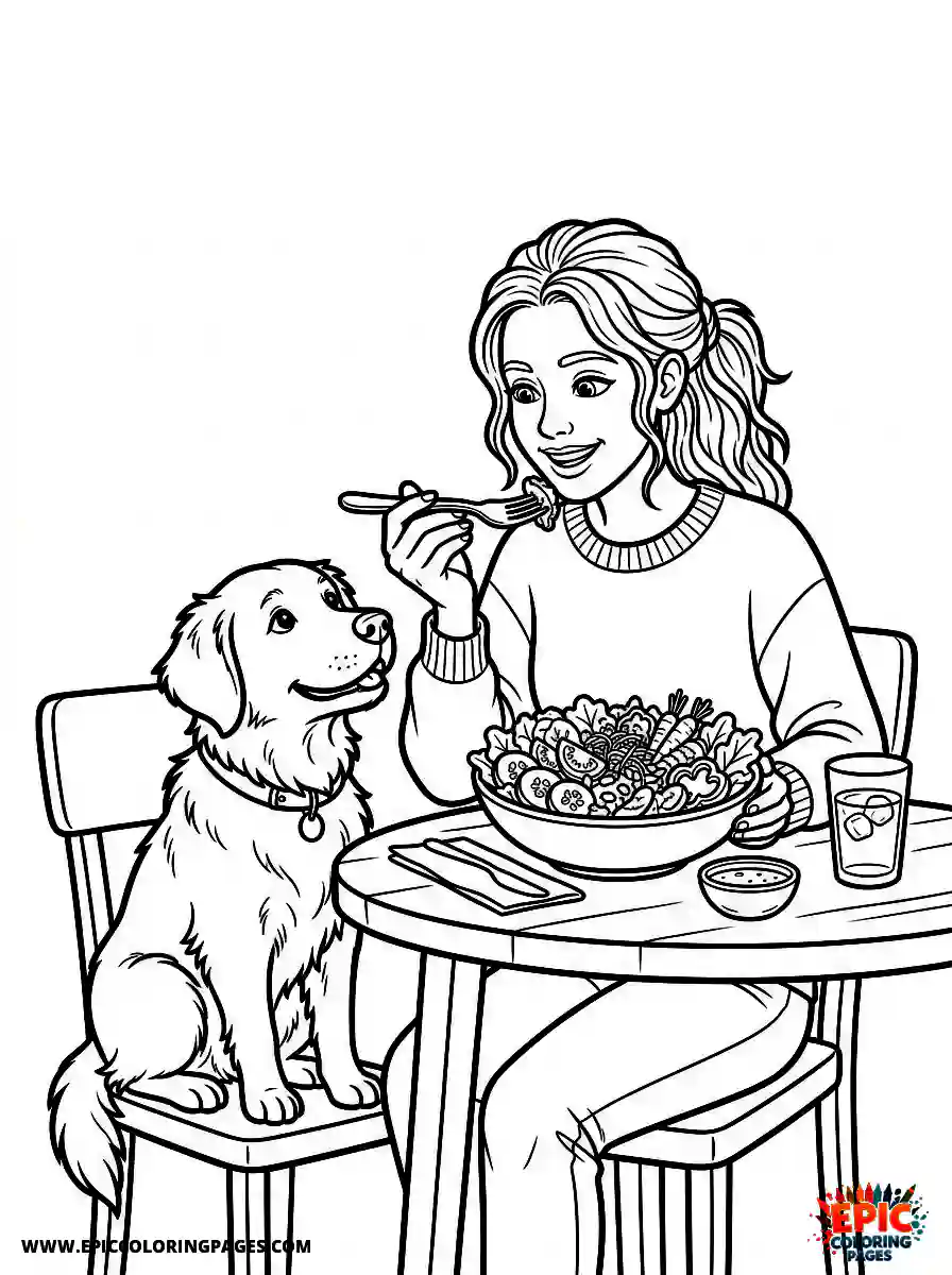 Girl with Dog Beautiful girl with dog realistic eating a healthy salad bowl holding a silver fork