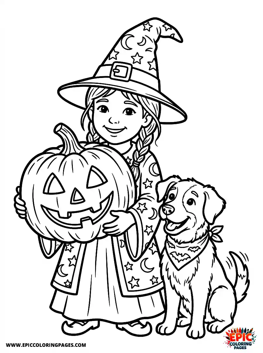 Girl with Dog Beautiful girl with dog realistic holding a large jack o lantern wearing a detailed witch hat