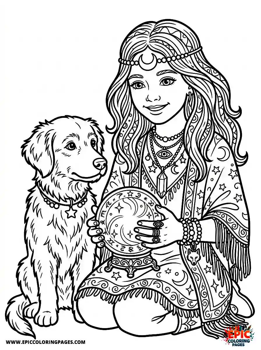 Girl with Dog Beautiful girl with dog realistic holding a luminous crystal ball wearing esoteric fortune teller jewelry
