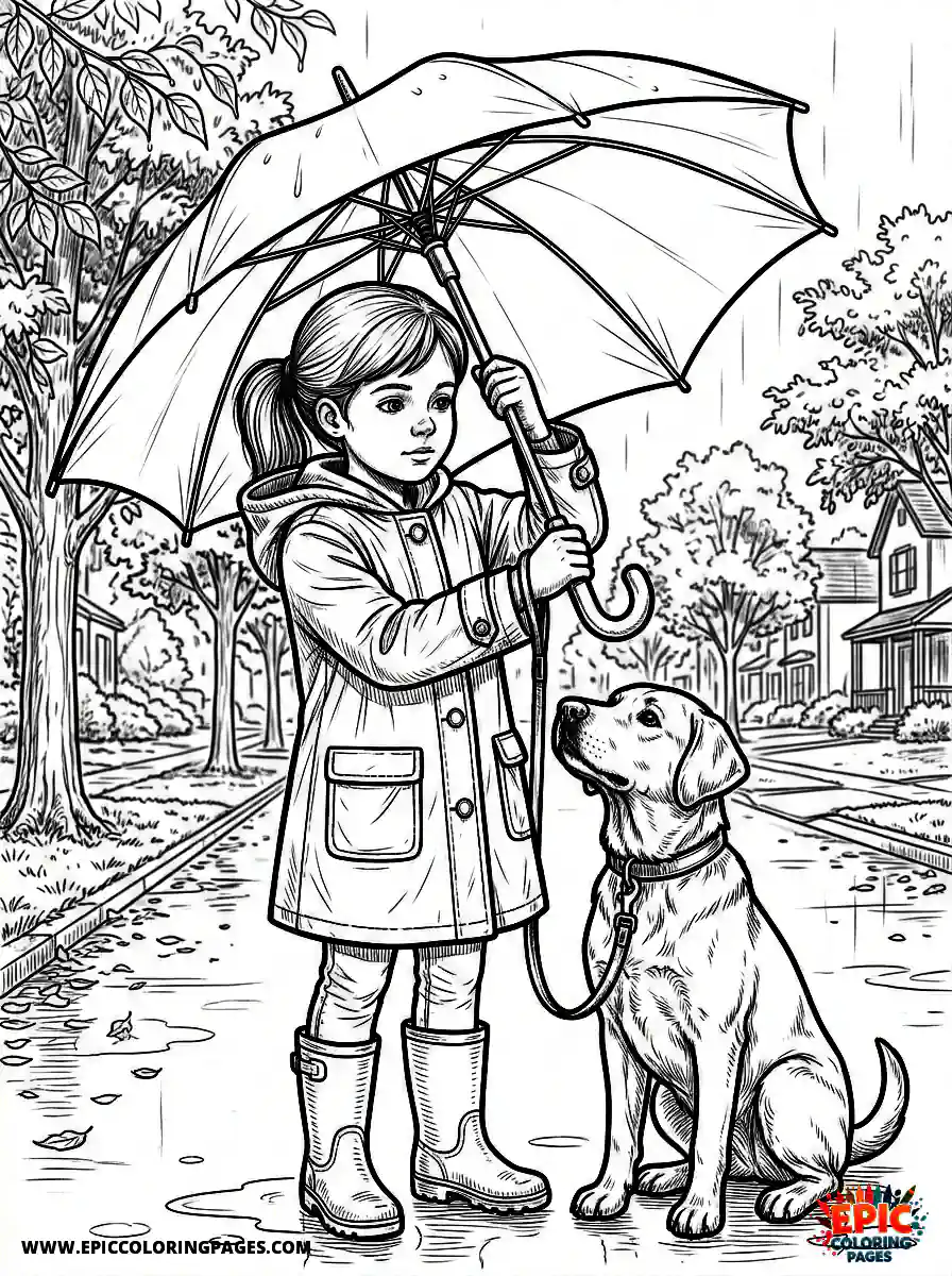 Girl with Dog Beautiful girl with dog realistic opening a large sturdy umbrella wearing a waterproof trench coat
