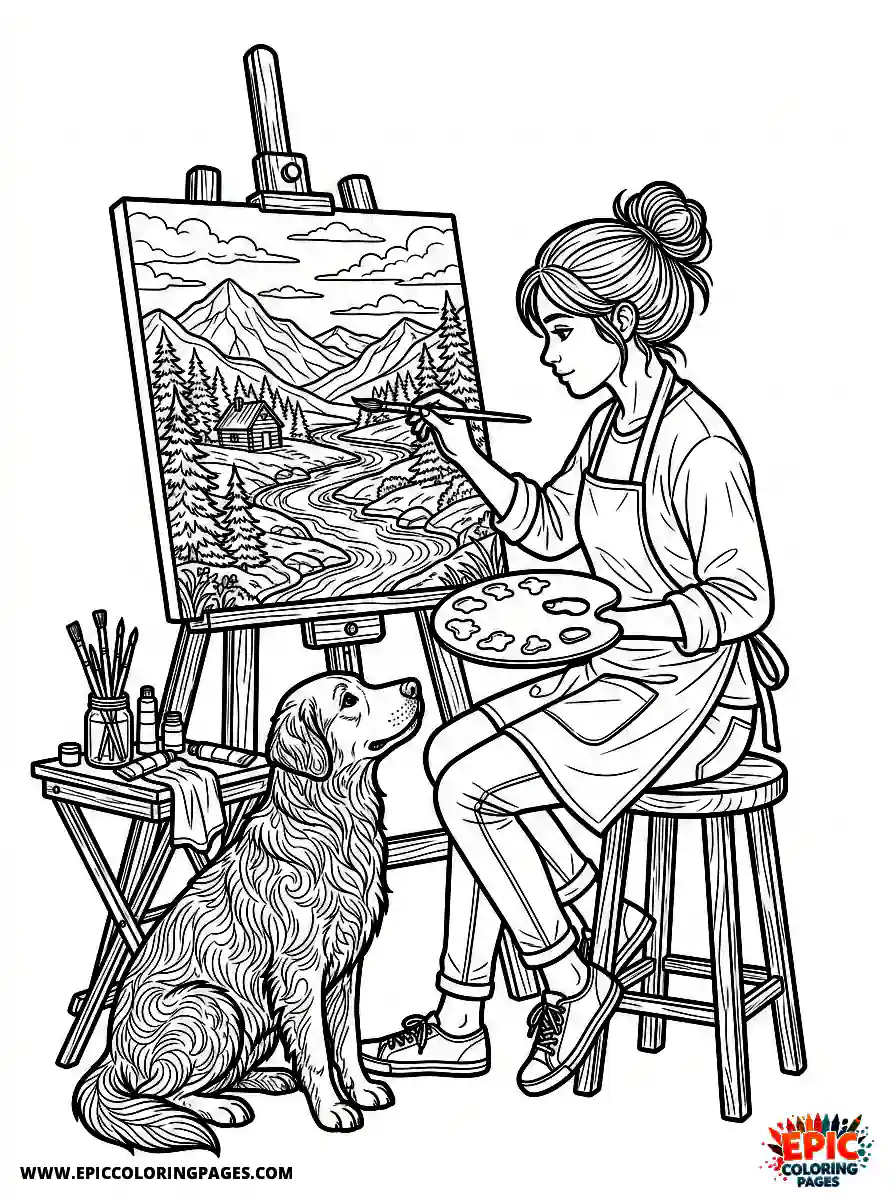 Girl with Dog Beautiful girl with dog realistic painting an intricate landscape on canvas holding a wooden palette