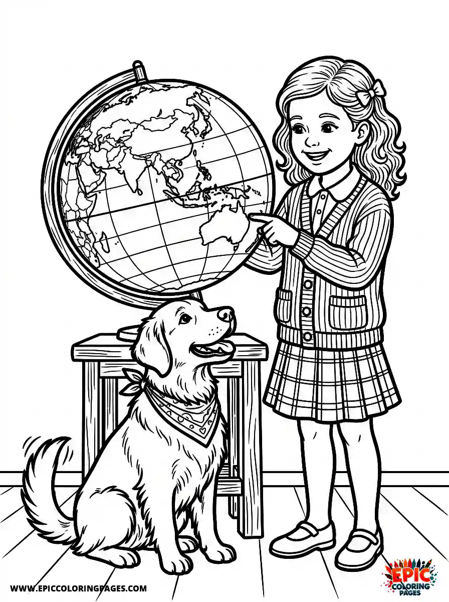 Girl with Dog Beautiful girl with dog realistic pointing at a large world globe wearing a formal cardigan