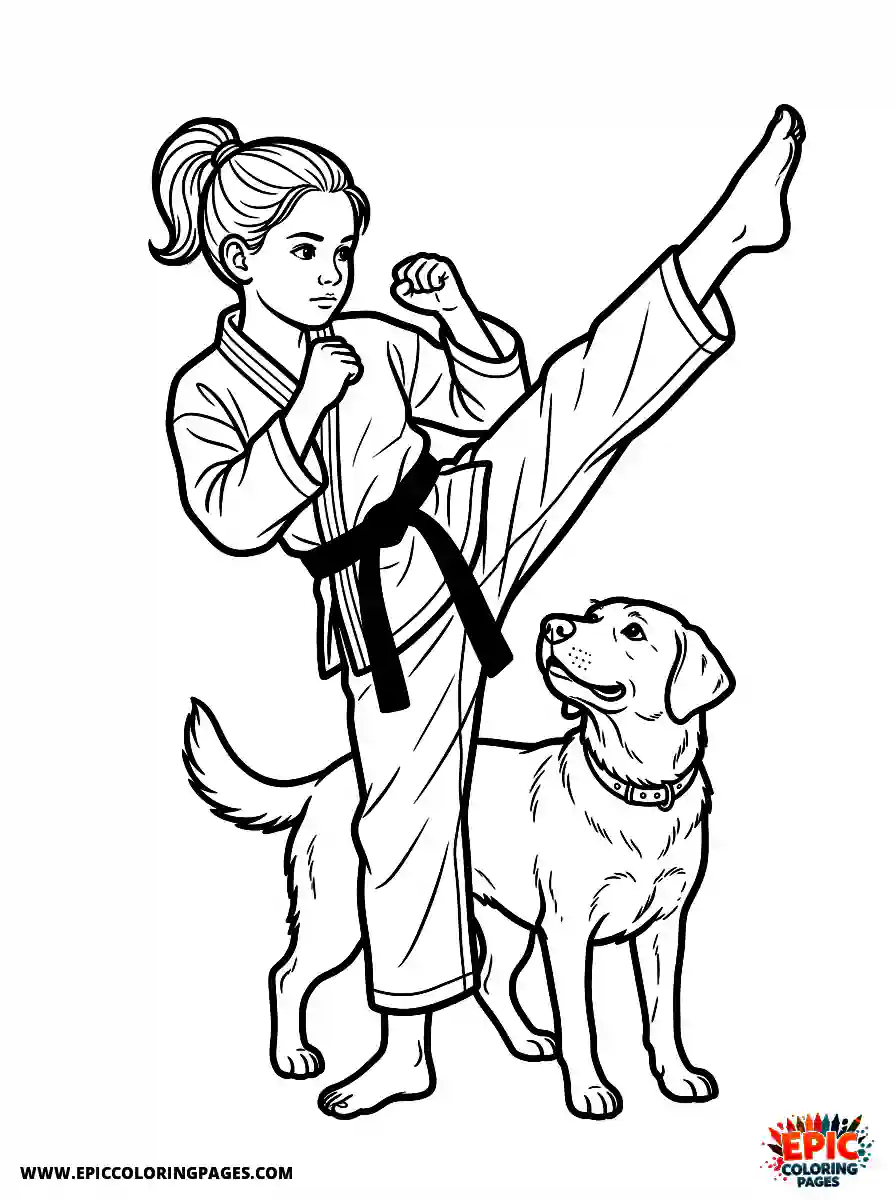 Girl with Dog Beautiful girl with dog realistic practicing a martial arts high kick wearing a black belt uniform