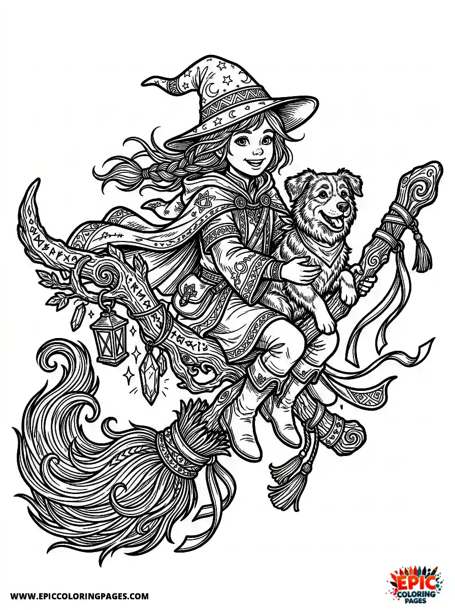 Girl with Dog Beautiful girl with dog realistic riding a highly detailed flying broom wearing a pointed wizard hat