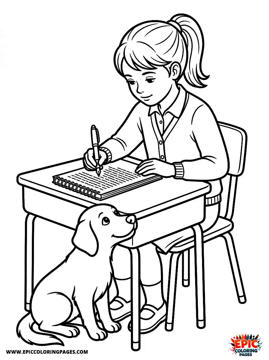 Girl with Dog Beautiful girl with dog realistic writing a long essay on a notepad holding a fountain pen
