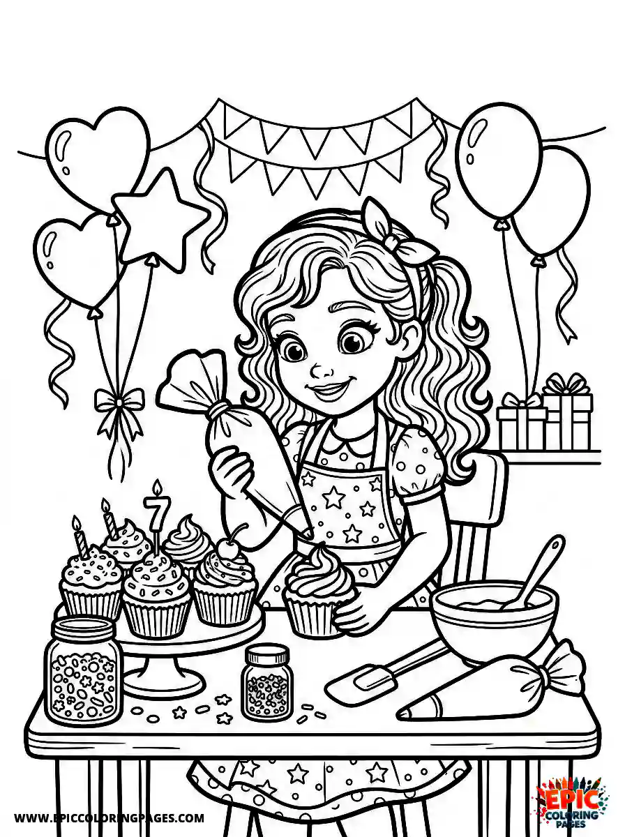 Birthday Girl Birthday girl 3d disney style girl decorating cupcakes frosting bag and sprinkle jars