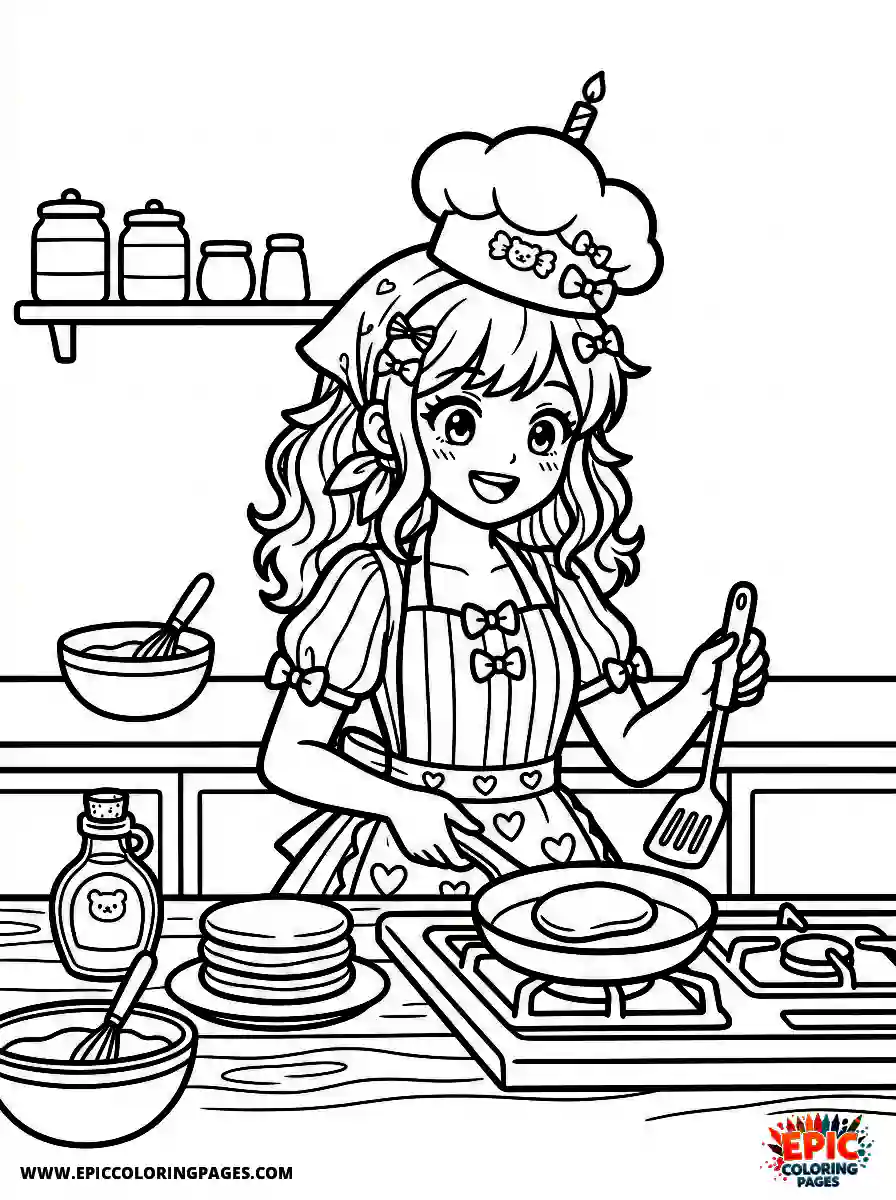 Birthday Girl Birthday girl anime style girl cooking pancakes chef hat and spatula with syrup jar