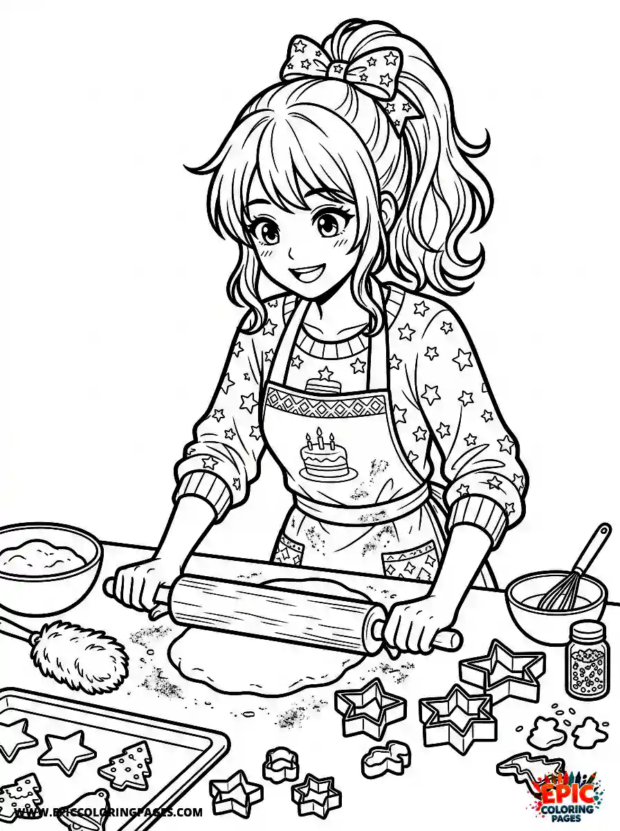 Birthday Girl Birthday girl anime style girl making christmas cookies star shaped cutters and rolling pin