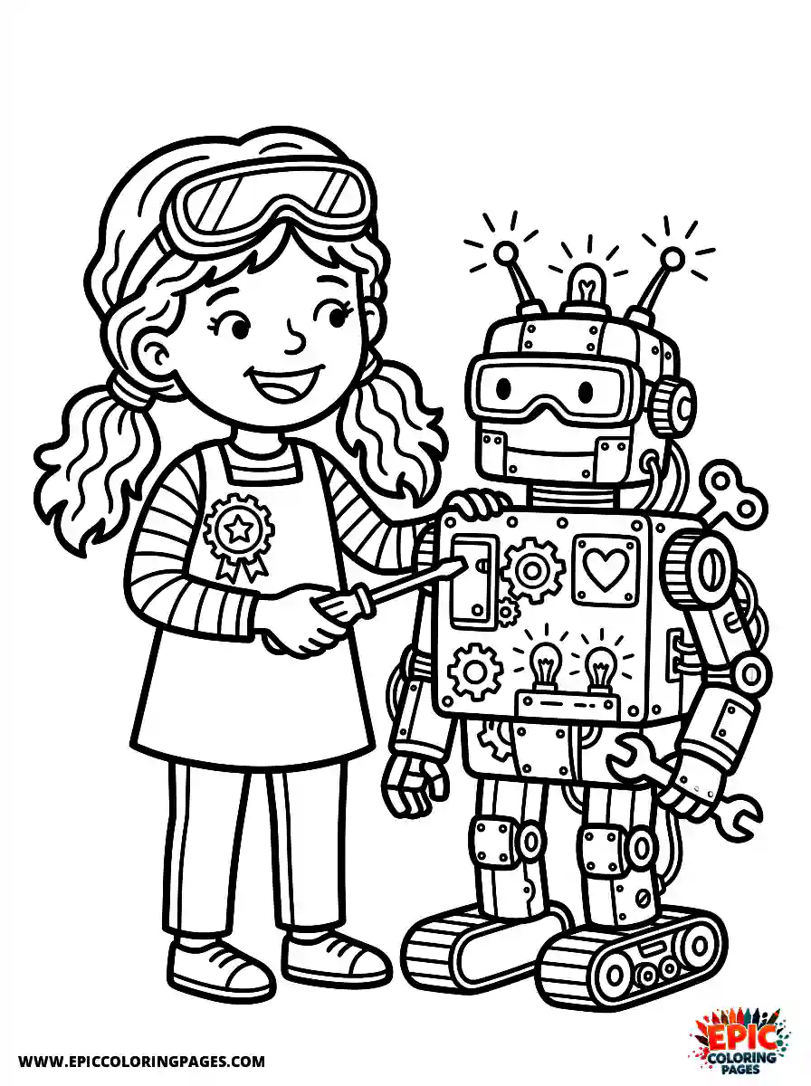 Birthday Girl Birthday girl as robot inventor sci fi screwdriver and blinking robot beside her