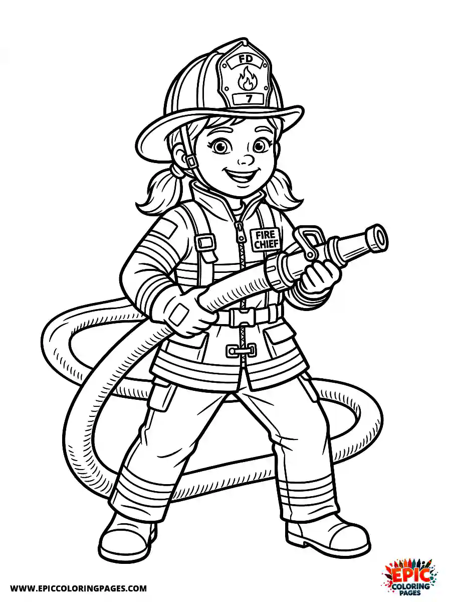Birthday Girl Birthday girl cartoon style girl as firefighter career helmet and hose in brave pose
