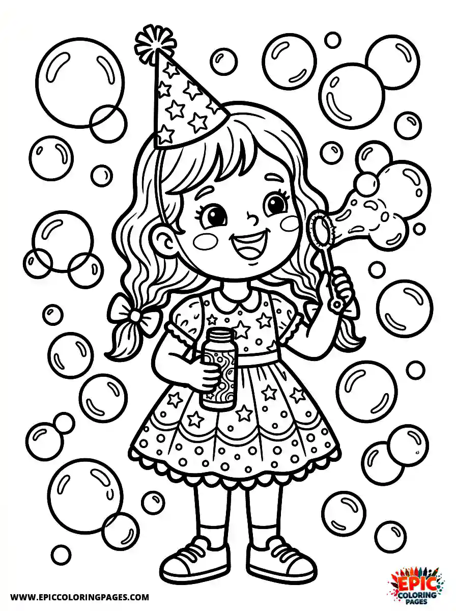 Birthday Girl Birthday girl cartoon style girl blowing bubbles wand and soap bottle with bubbles