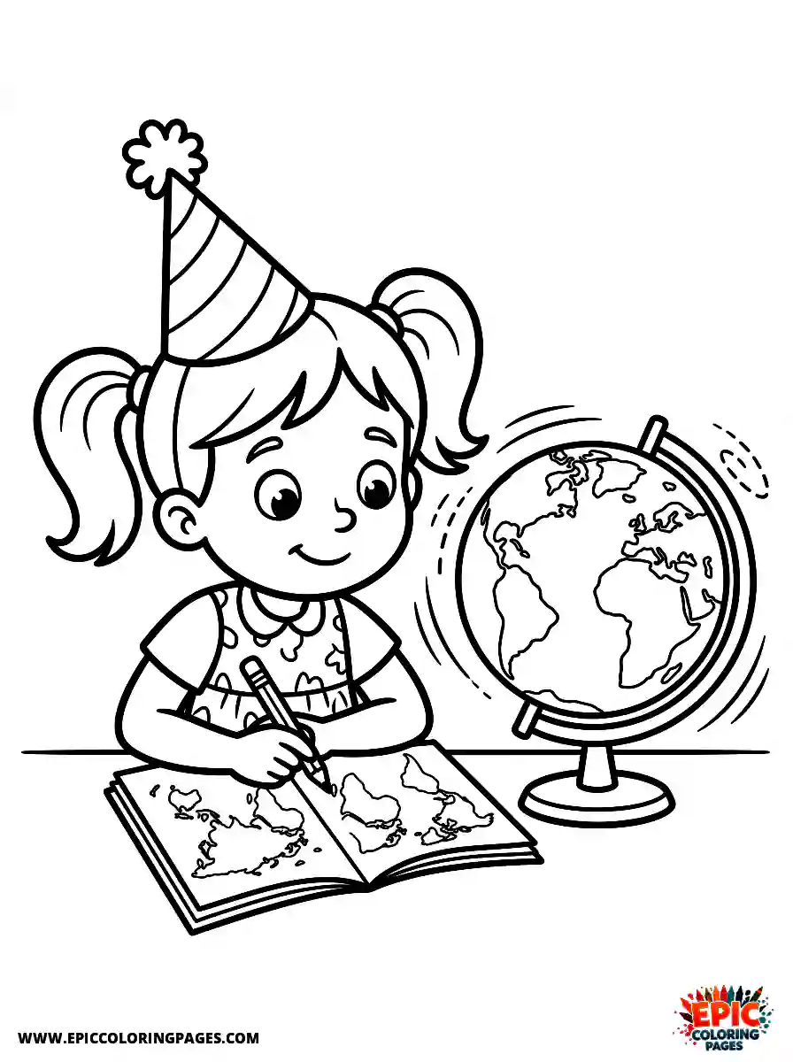 Birthday Girl Birthday girl cartoon style girl doing geography homework globe spinning beside her