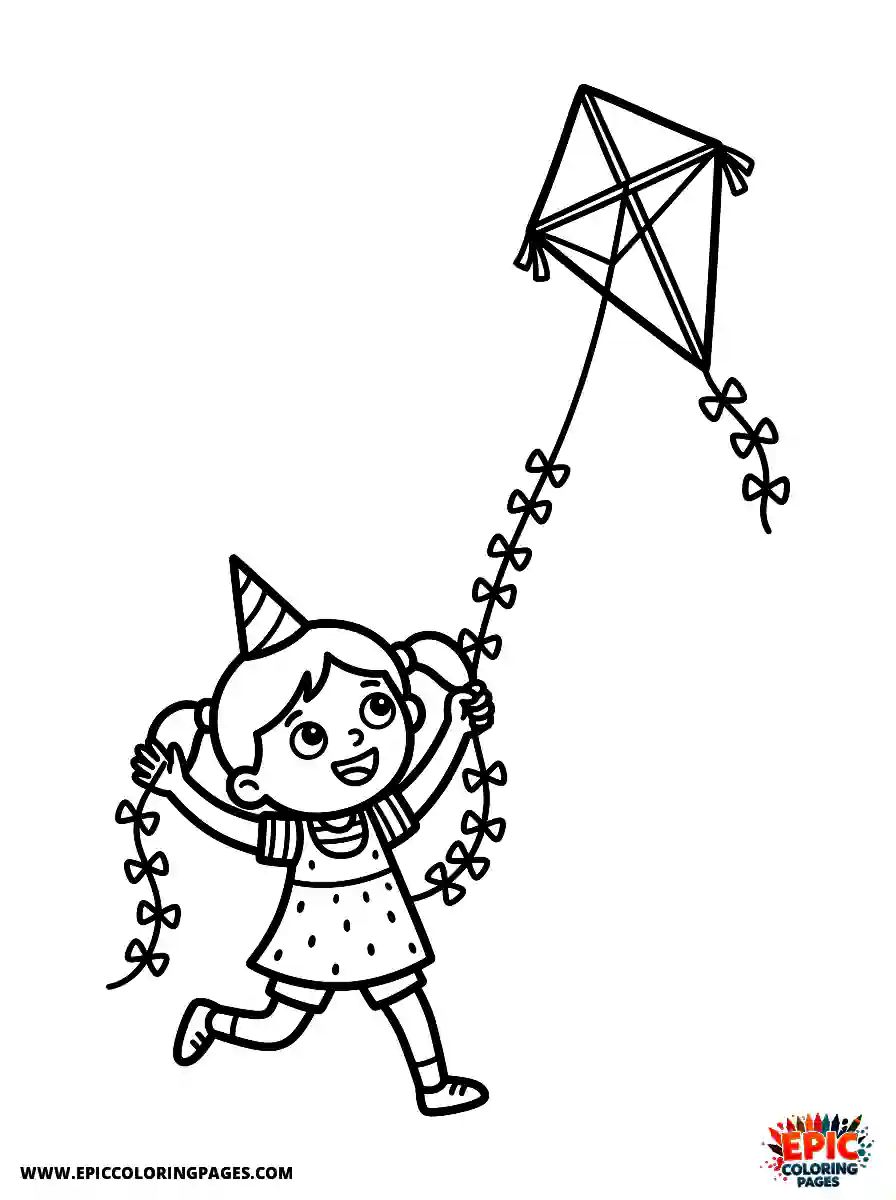 Birthday Girl Birthday girl cartoon style girl flying a kite holding long string with bow kite
