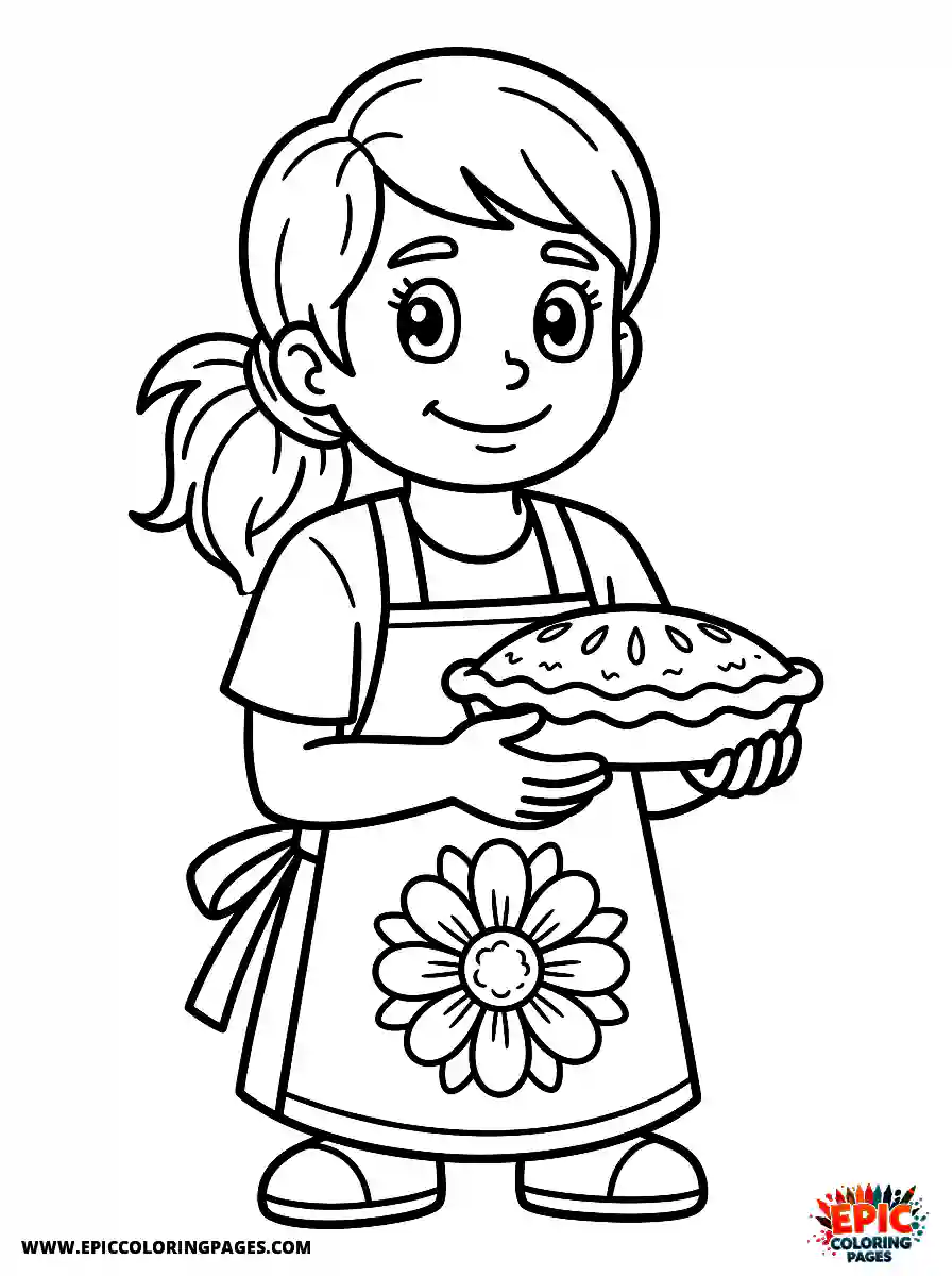 Birthday Girl Birthday girl cartoon style girl in thanksgiving apron holding pie with flower on apron