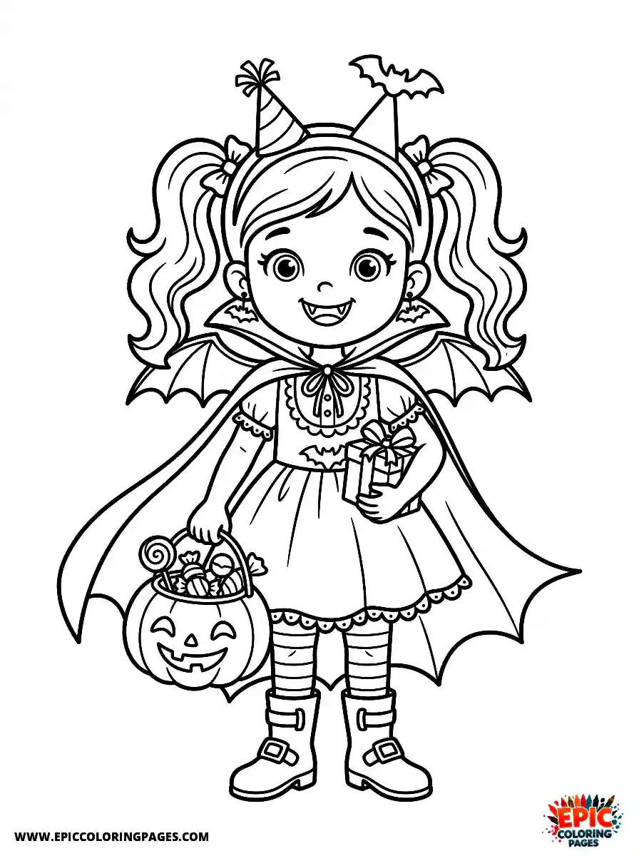Birthday Girl Birthday girl cartoon style girl in vampire costume cape and candy pumpkin bucket