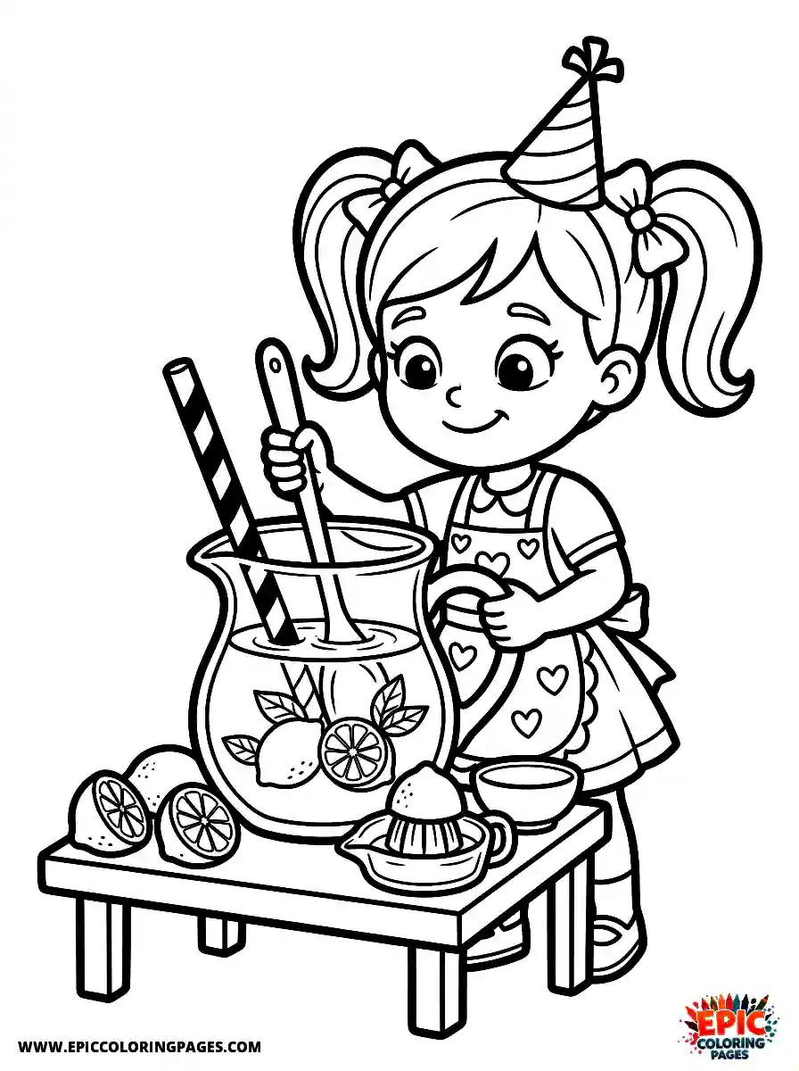 Birthday Girl Birthday girl cartoon style girl making lemonade pitcher and lemons with striped straw
