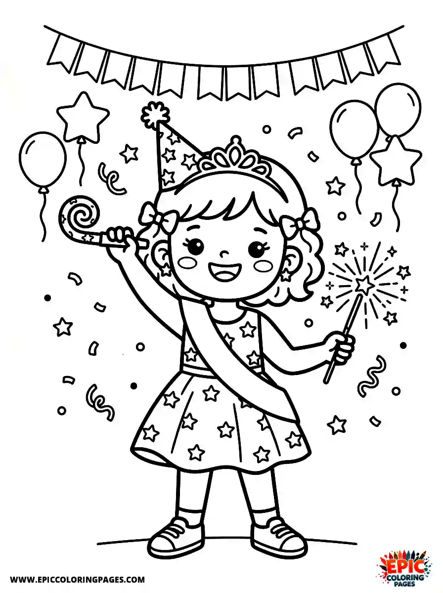 Birthday Girl Birthday girl celebrating new year noisemaker and sparkler in hand