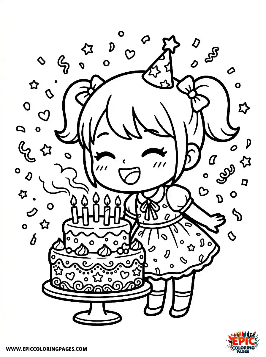 Birthday Girl Birthday girl chibi style girl blowing out candles big smile with confetti falling