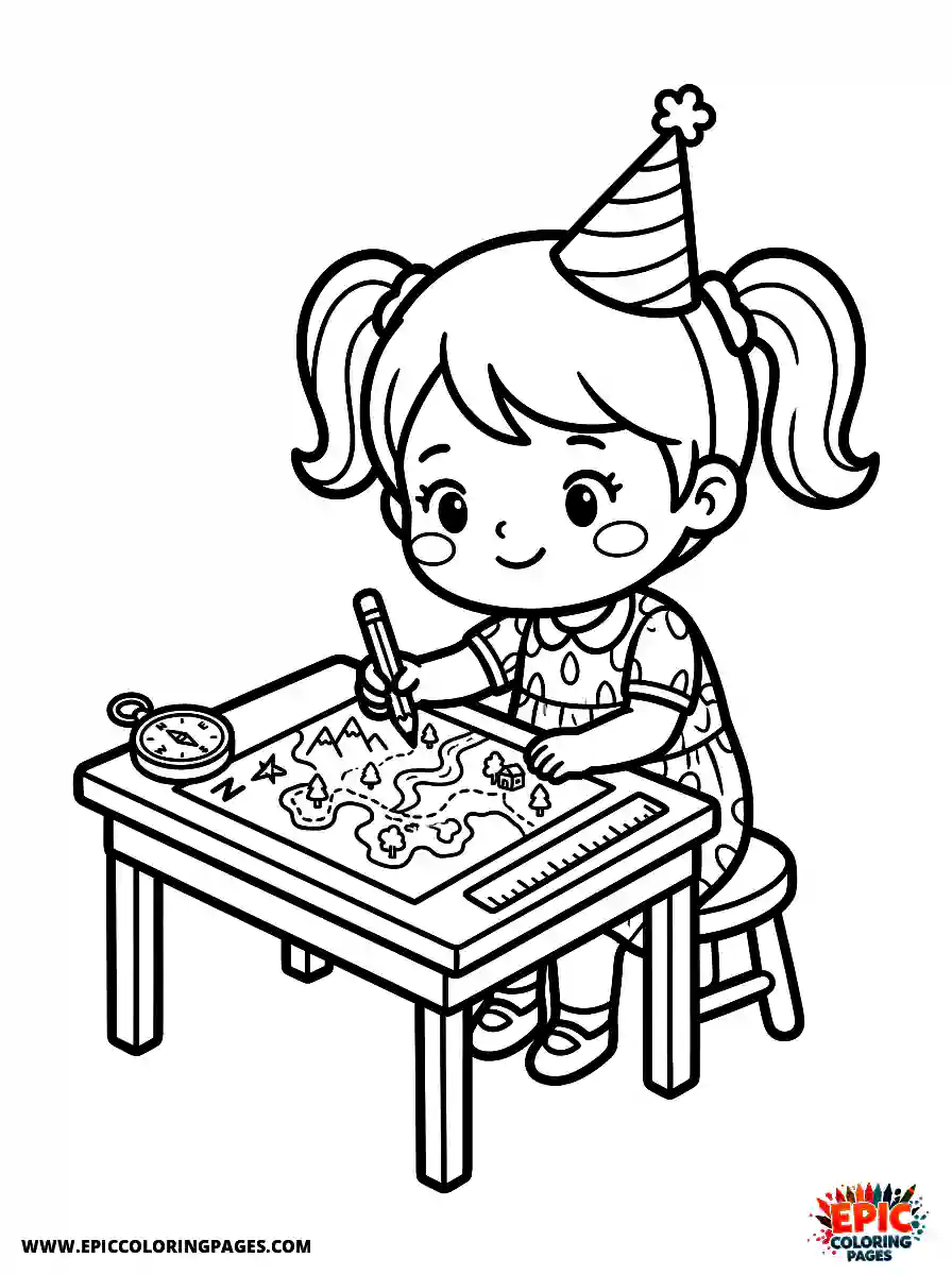 Birthday Girl Birthday girl chibi style girl drawing a map sitting with compass and ruler