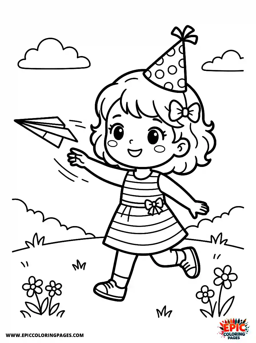 Birthday Girl Birthday girl chibi style girl flying a paper airplane running and tossing with bow