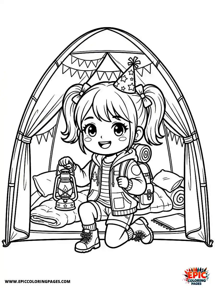 Birthday Girl Birthday girl chibi style girl going camping adventure backpack and lantern in tent outfit
