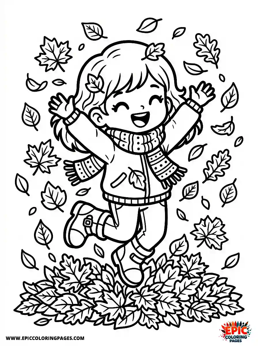 Birthday Girl Birthday girl chibi style girl jumping in autumn leaves fall scarf and boots with leaf pile