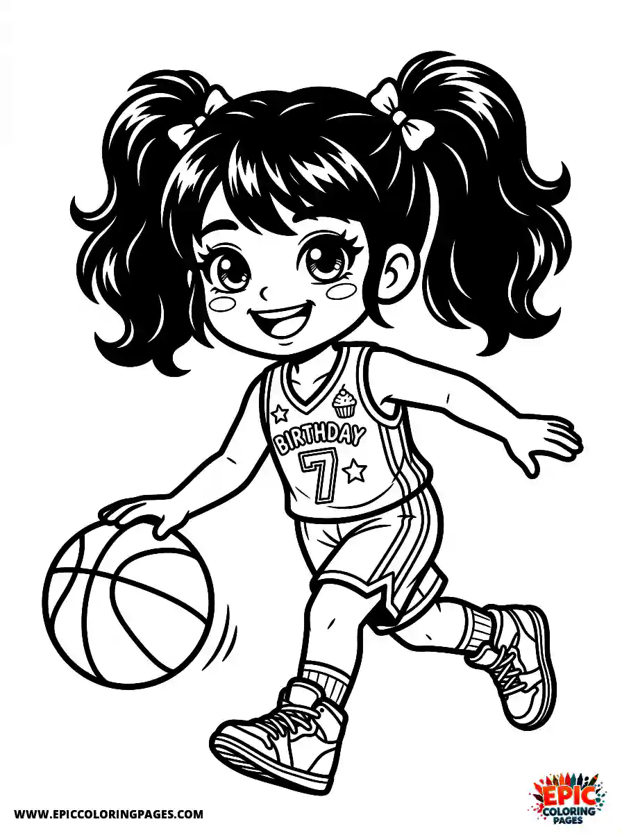 Birthday Girl Birthday girl chibi style girl playing basketball dribbling with big smile and jersey