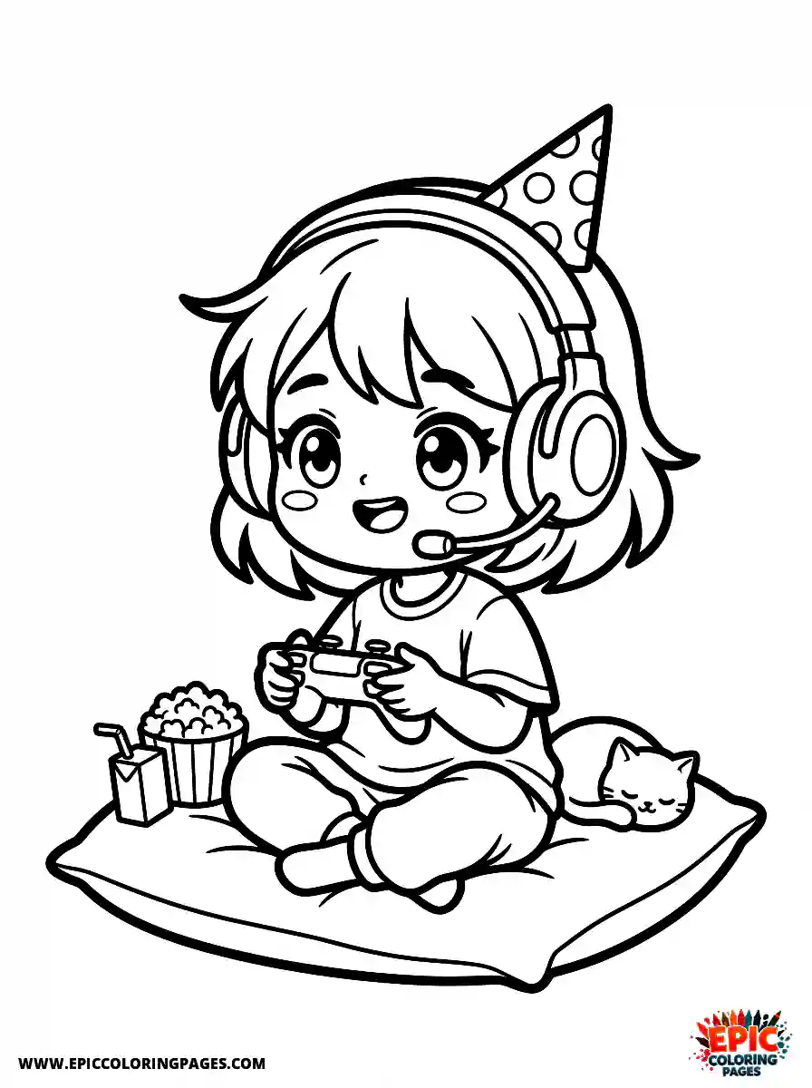 Birthday Girl Birthday girl chibi style girl playing video game controller headset and controller in hands