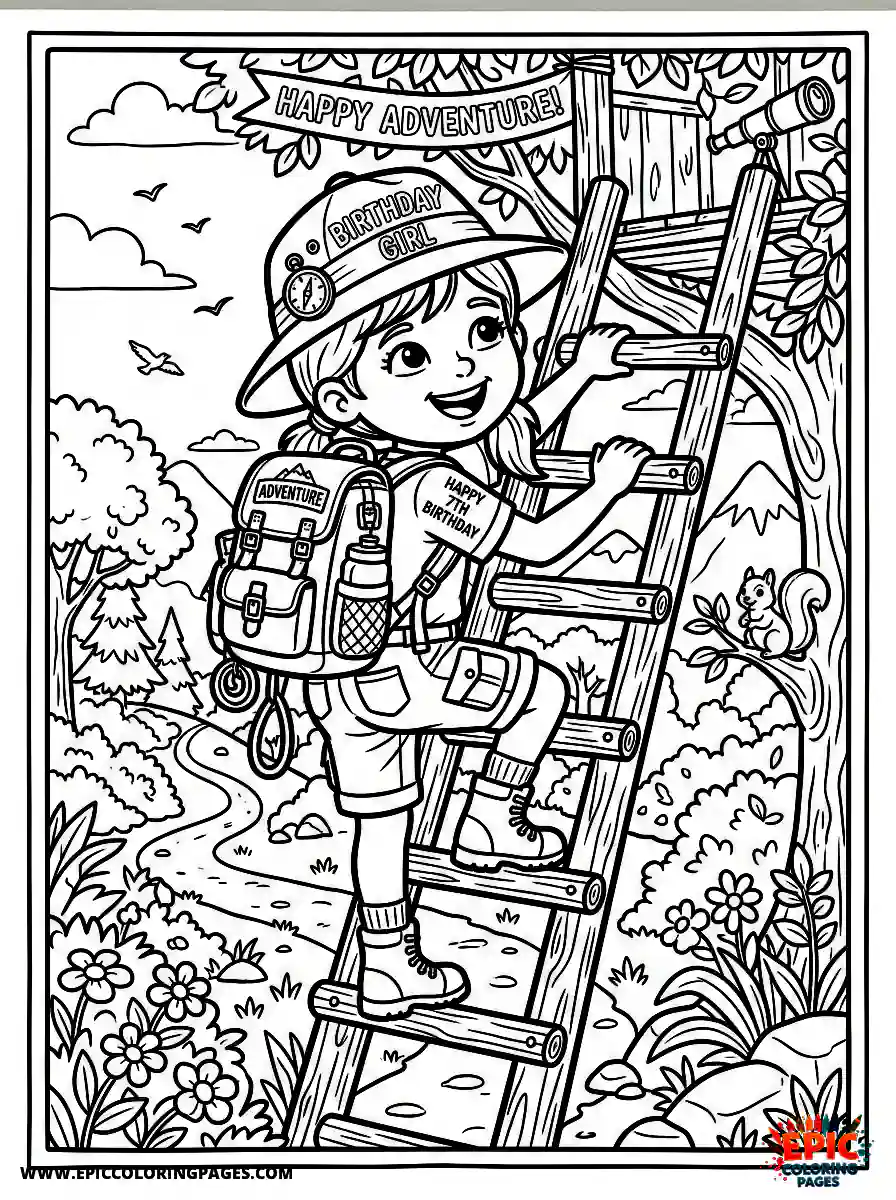 Birthday Girl Birthday girl climbing a ladder adventure backpack and explorer hat