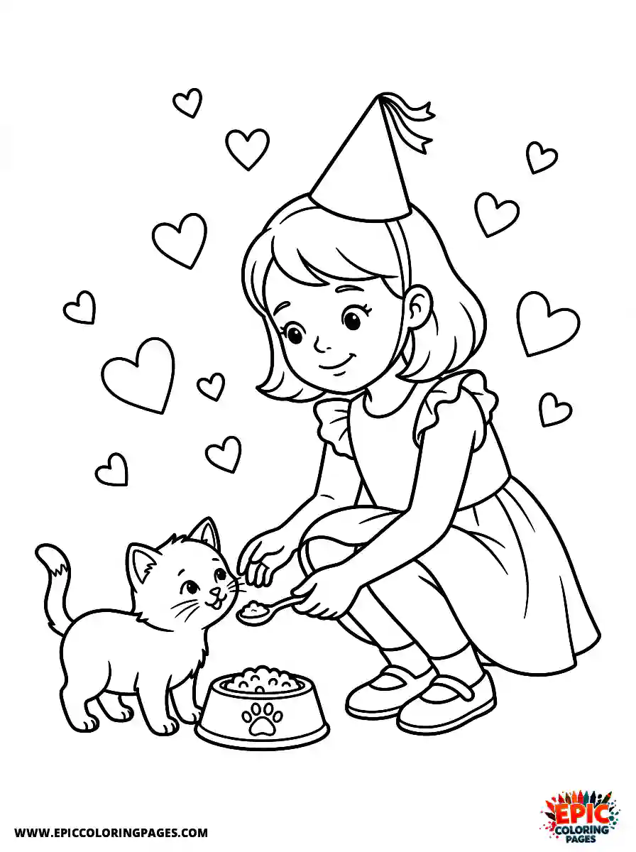 Birthday Girl Birthday girl feeding her cat kitten bowl and hearts floating