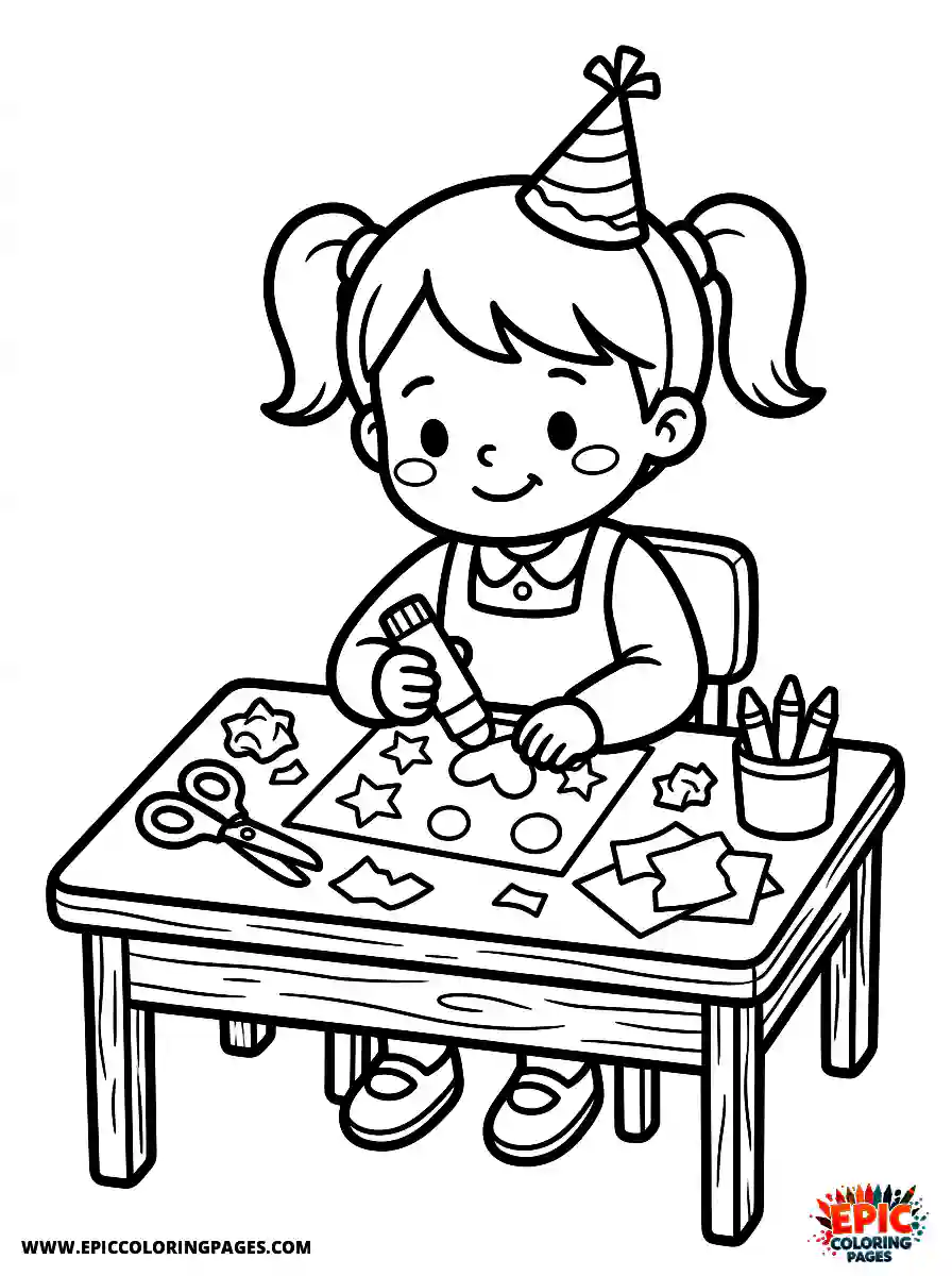 Birthday Girl Birthday girl gluing craft project scissors and colored paper around her