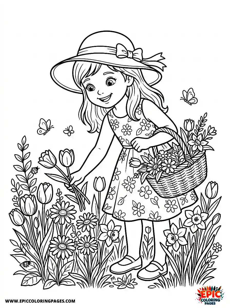 Birthday Girl Birthday girl in spring garden picking flowers spring basket and sunhat