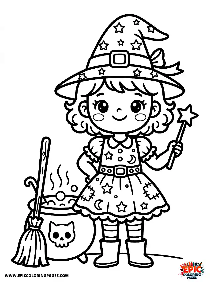 Birthday Girl Birthday girl kawaii style girl dressed as witch broom and cauldron beside her