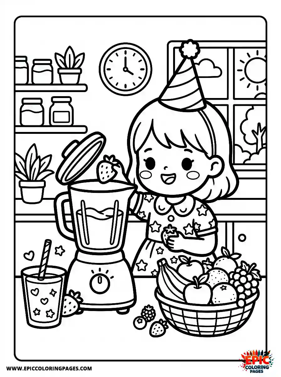 Birthday Girl Birthday girl kawaii style girl making a smoothie blender and fruit basket