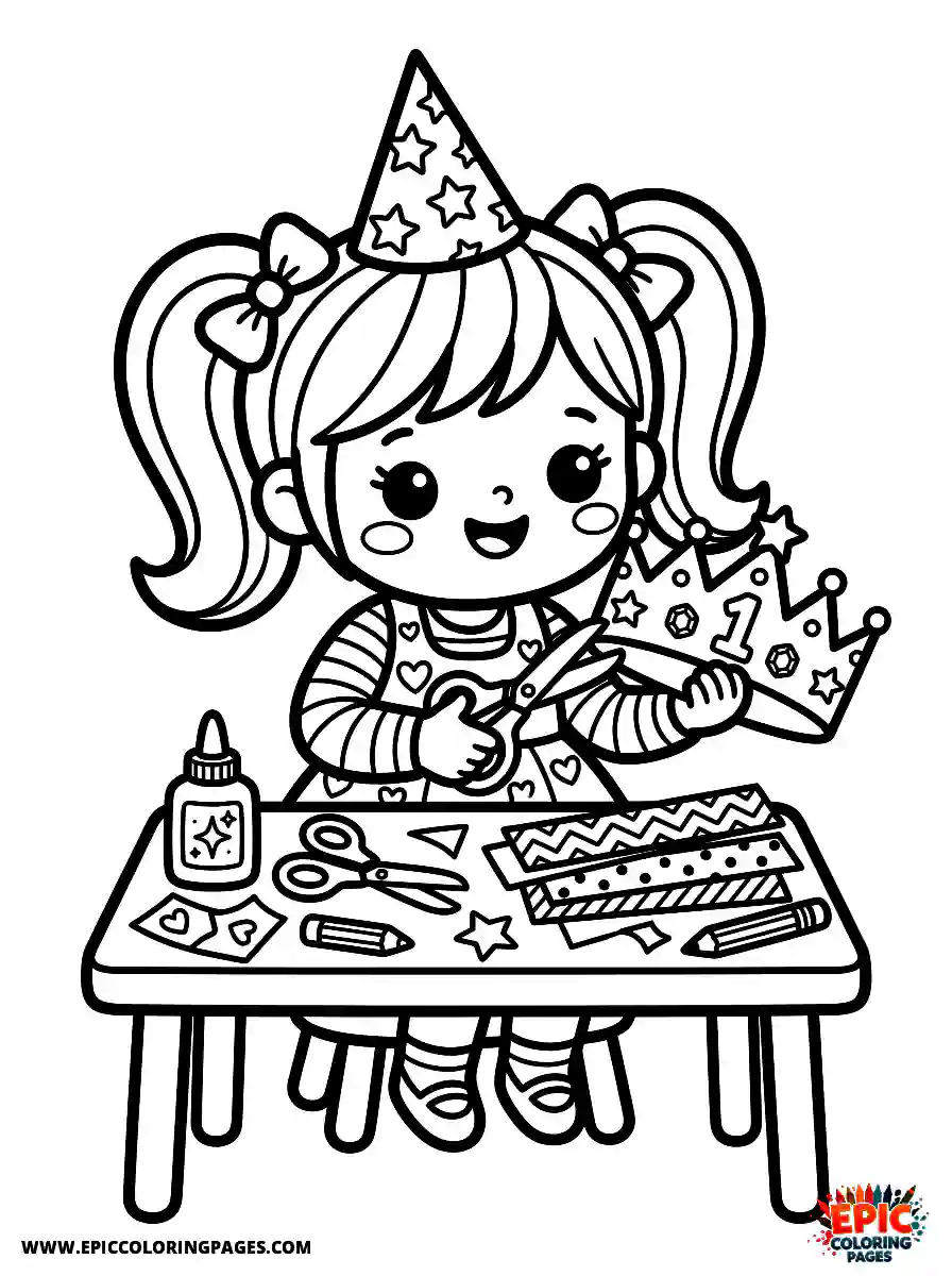 Birthday Girl Birthday girl kawaii style girl making paper crowns craft scissors and glitter glue with scissors