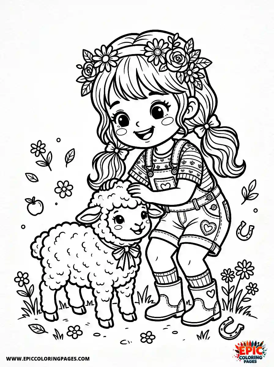 Birthday Girl Birthday girl kawaii style girl petting a lamb farm overalls and flower headband