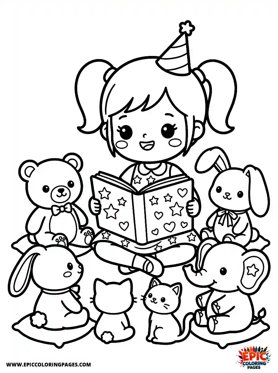 Birthday Girl Birthday girl kawaii style girl reading to stuffed animals book propped and toys seated