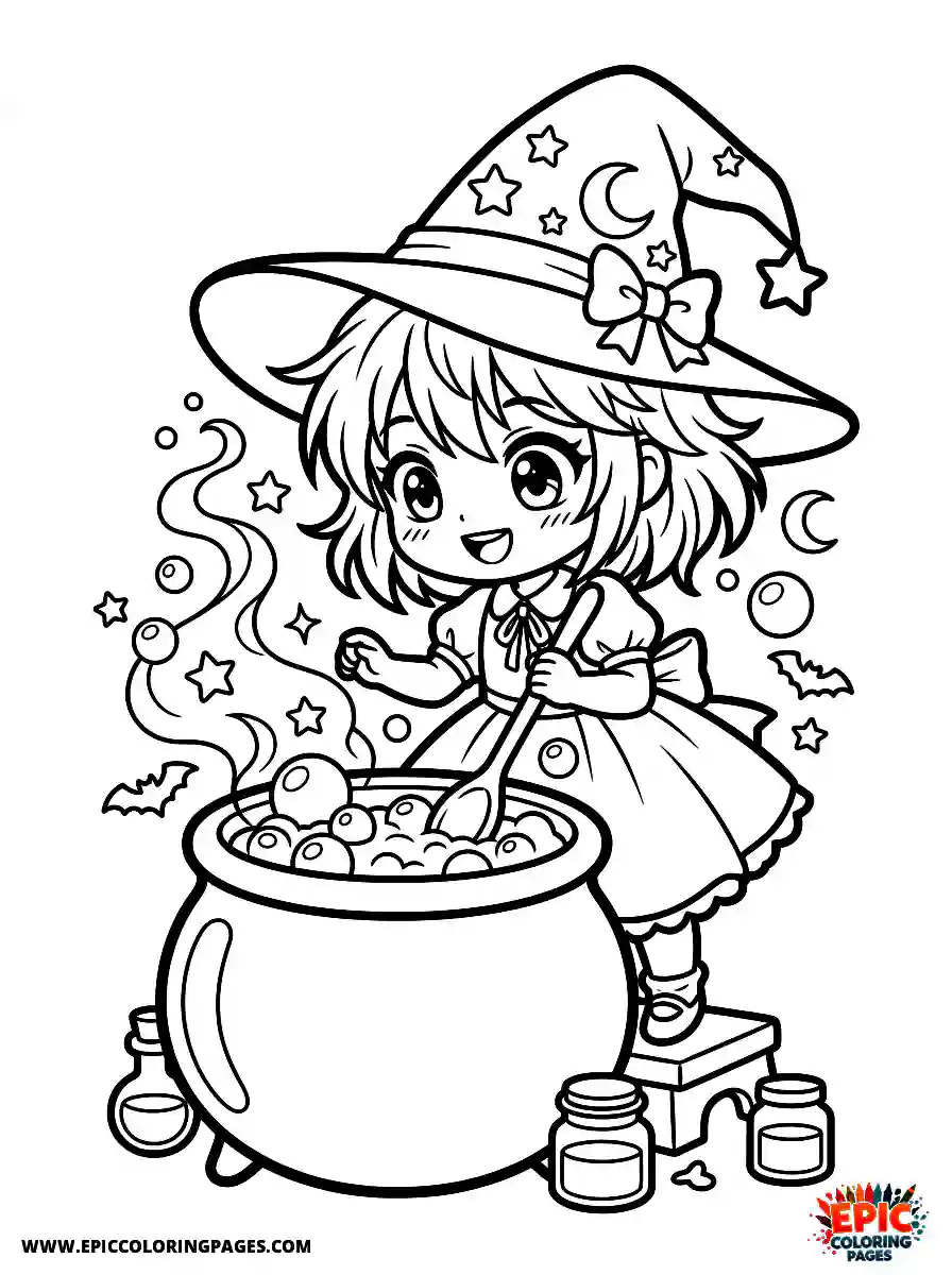 Birthday Girl Birthday girl manga style girl as tiny witch brewing potion hat and bubbling pot with stars