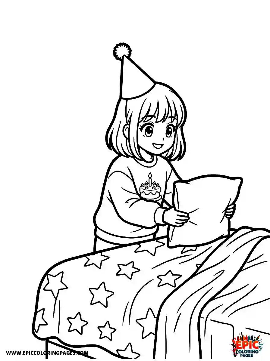 Birthday Girl Birthday girl manga style girl making her bed holding pillow with stars on sheets