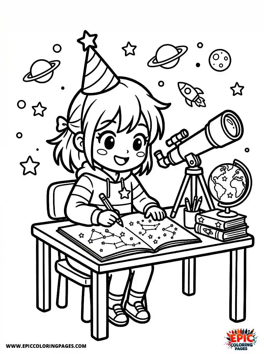 Birthday Girl Birthday girl manga style girl studying constellations star chart and telescope beside her