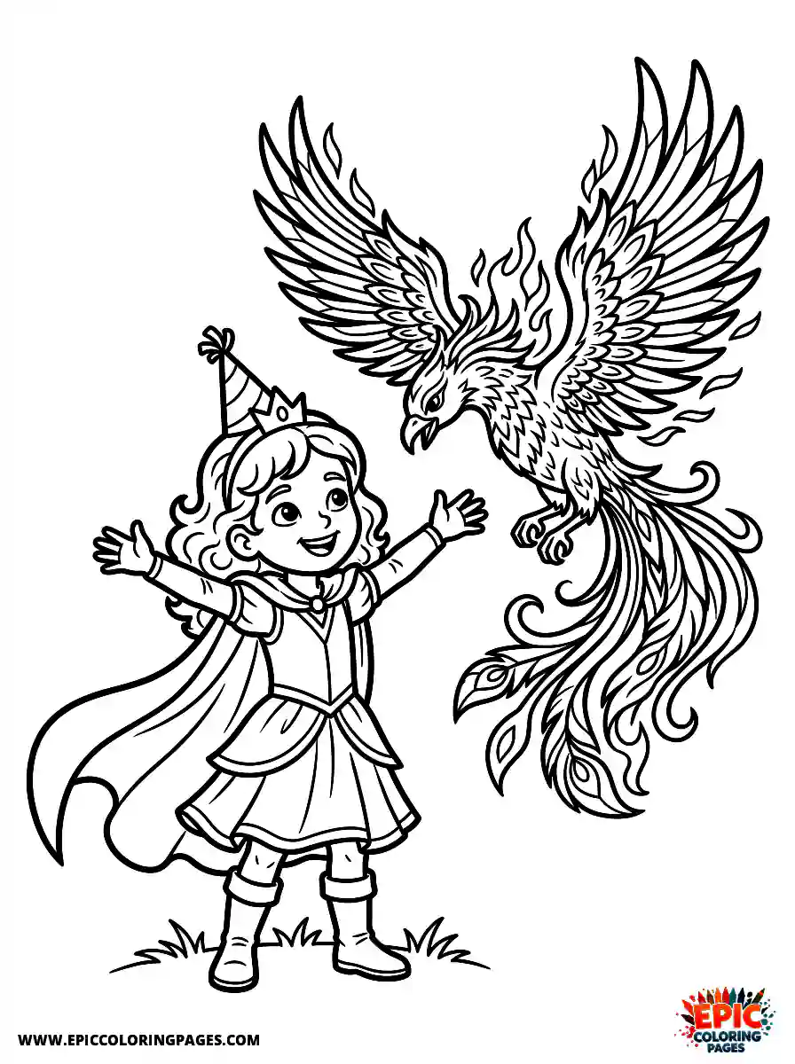 Birthday Girl Birthday girl meeting a phoenix bird arms outstretched with flowing cape